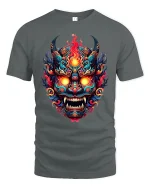 Fiery Demon Mask Tribal Inferno Art Graphic T-Shirt - gray t-shirt on white background