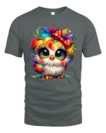 Cute Rainbow Owl Big Eyes Bow Colorful Art Graphic T-Shirt - gray t-shirt on white background
