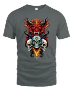 Inferno Demon and Three Skulls Fiery Dark Art Graphic T-Shirt - gray t-shirt on white background