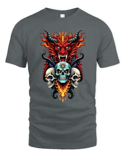 Inferno Demon and Three Skulls Fiery Dark Art Graphic T-Shirt - gray t-shirt on white background