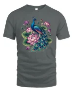 Elegant Peacock and Lotus Flower Beauty Art Graphic T-Shirt - gray t-shirt on white background