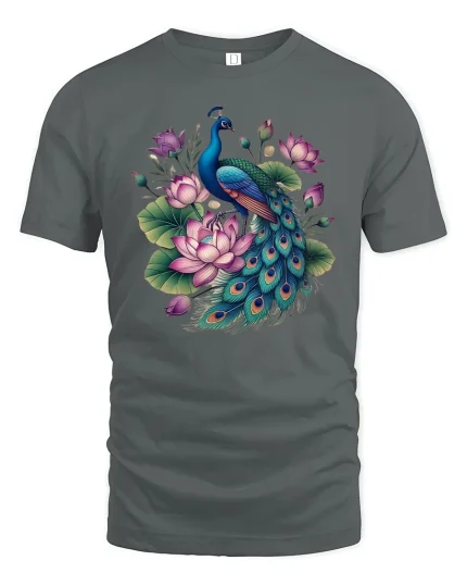 Elegant Peacock and Lotus Flower Beauty Art Graphic T-Shirt - gray t-shirt on white background