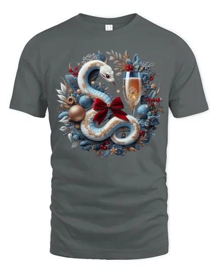 Elegant Holiday Snake Wreath Champagne Celebration Tee - gray t-shirt on white background