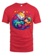 Rainbow Sleeping Cat Love Art Tee with Colorful Heart Design - red t-shirt on white background