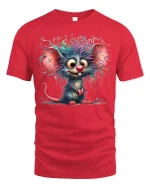Whimsical Wild Hair Mouse Cartoon Art Tee with Colorful Style - red t-shirt on white background