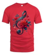 Musical Rose Art Tee with Elegant Treble Clef Floral Design - red t-shirt on white background