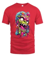 Psychedelic Monster Madness Tee with Neon Horror Art Design - red t-shirt on white background