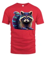 Neon Cosmic Raccoon Tee Adorable Vibrant Glow Art Design - red t-shirt on white background