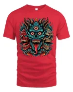Three Eyed Demon Skull Tee Fierce Tribal Horror Artwork - red t-shirt on white background