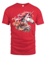 Floral Unicorn Beauty Tee Colorful Fantasy Horse Art Design - red t-shirt on white background
