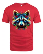 Colorful Floral Raccoon Art Tee with Vibrant Nature Design - red t-shirt on white background