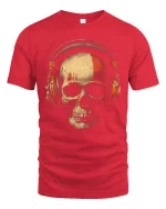 DJ Skull Headphones Tee Vintage Rock Music Graphic Style - red t-shirt on white background