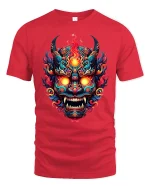 Fiery Demon Mask Tribal Inferno Art Graphic T-Shirt - red t-shirt on white background