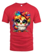 Cute Rainbow Owl Big Eyes Bow Colorful Art Graphic T-Shirt - red t-shirt on white background