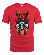 Inferno Demon and Three Skulls Fiery Dark Art Graphic T-Shirt - red t-shirt on white background