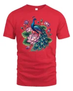 Elegant Peacock and Lotus Flower Beauty Art Graphic T-Shirt - red t-shirt on white background