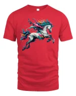 Vibrant Splash Art Unicorn Fantasy Graphic Tee - red t-shirt on white background