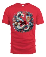 Elegant Holiday Snake Wreath Champagne Celebration Tee - red t-shirt on white background