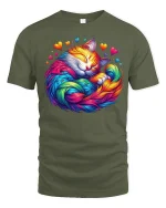 Rainbow Sleeping Cat Love Art Tee with Colorful Heart Design - military green t-shirt on white background