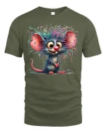 Whimsical Wild Hair Mouse Cartoon Art Tee with Colorful Style - military green t-shirt on white background