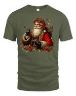 Vintage Santa Holiday Tee with Classic Christmas Artwork - military green t-shirt on white background