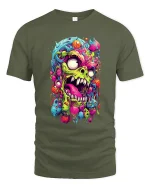 Psychedelic Monster Madness Tee with Neon Horror Art Design - military green t-shirt on white background