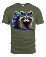 Neon Cosmic Raccoon Tee Adorable Vibrant Glow Art Design - military green t-shirt on white background