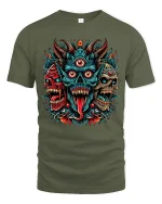 Three Eyed Demon Skull Tee Fierce Tribal Horror Artwork - military green t-shirt on white background