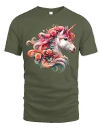 Floral Unicorn Beauty Tee Colorful Fantasy Horse Art Design - military green t-shirt on white background