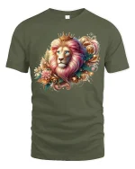 Royal Floral Lion Tee Majestic King Artwork with Elegant Colors - military green t-shirt on white background