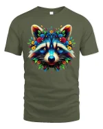 Colorful Floral Raccoon Art Tee with Vibrant Nature Design - military green t-shirt on white background