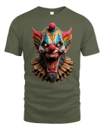 Scary Evil Clown Horror Face Graphic T-Shirt Creepy Design - military green t-shirt on white background