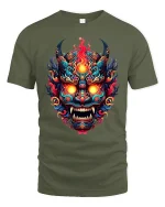 Fiery Demon Mask Tribal Inferno Art Graphic T-Shirt - military green t-shirt on white background