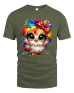 Cute Rainbow Owl Big Eyes Bow Colorful Art Graphic T-Shirt - military green t-shirt on white background