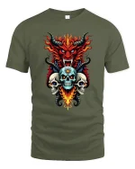 Inferno Demon and Three Skulls Fiery Dark Art Graphic T-Shirt - military green t-shirt on white background