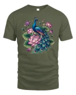 Elegant Peacock and Lotus Flower Beauty Art Graphic T-Shirt - military green t-shirt on white background