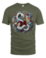 Elegant Holiday Snake Wreath Champagne Celebration Tee - military green t-shirt on white background