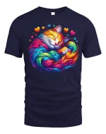 Rainbow Sleeping Cat Love Art Tee with Colorful Heart Design - navy t-shirt on white background