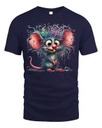 Whimsical Wild Hair Mouse Cartoon Art Tee with Colorful Style - navy t-shirt on white background