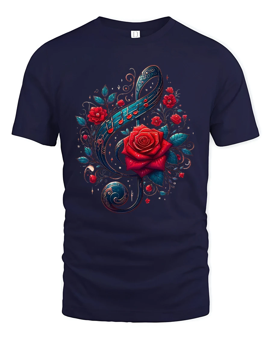 Musical Rose Art Tee with Elegant Treble Clef Floral Design - 1 Musical Rose Art Tee with Elegant Treble Clef Floral Design - navy t-shirt on white background