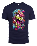 Psychedelic Monster Madness Tee with Neon Horror Art Design - navy t-shirt on white background
