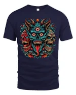 Three Eyed Demon Skull Tee Fierce Tribal Horror Artwork - navy t-shirt on white background