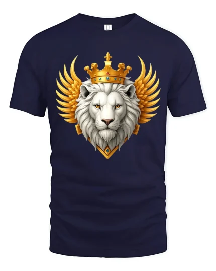 Royal White Lion Crown Tee Majestic King of Beasts Graphic - navy t-shirt on white background