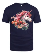Floral Unicorn Beauty Tee Colorful Fantasy Horse Art Design - navy t-shirt on white background