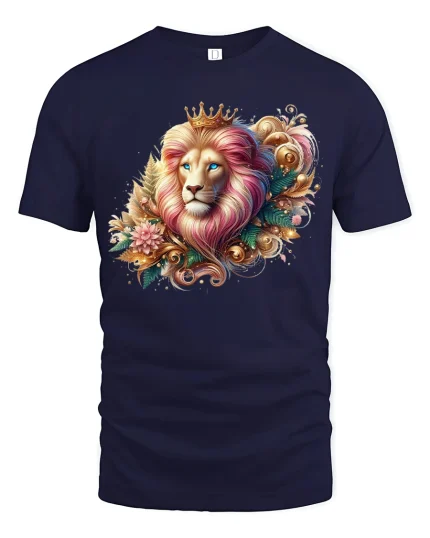 Royal Floral Lion Tee Majestic King Artwork with Elegant Colors - navy t-shirt on white background