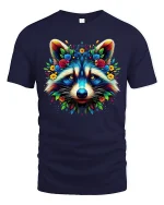 Colorful Floral Raccoon Art Tee with Vibrant Nature Design - navy t-shirt on white background