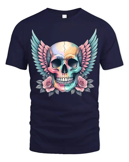 Pastel Winged Skull Tee Gothic Floral Colorful Art Style - navy t-shirt on white background