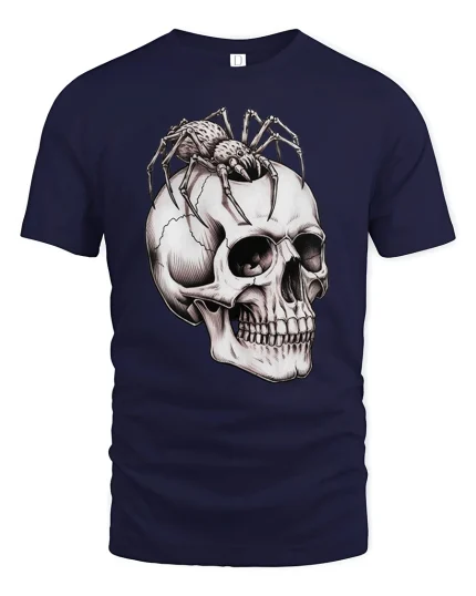 Creepy Spider Skull Tee Dark Gothic Horror Art Graphic - navy t-shirt on white background