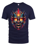 Fiery Demon Mask Tribal Inferno Art Graphic T-Shirt - navy t-shirt on white background