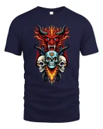 Inferno Demon and Three Skulls Fiery Dark Art Graphic T-Shirt - navy t-shirt on white background